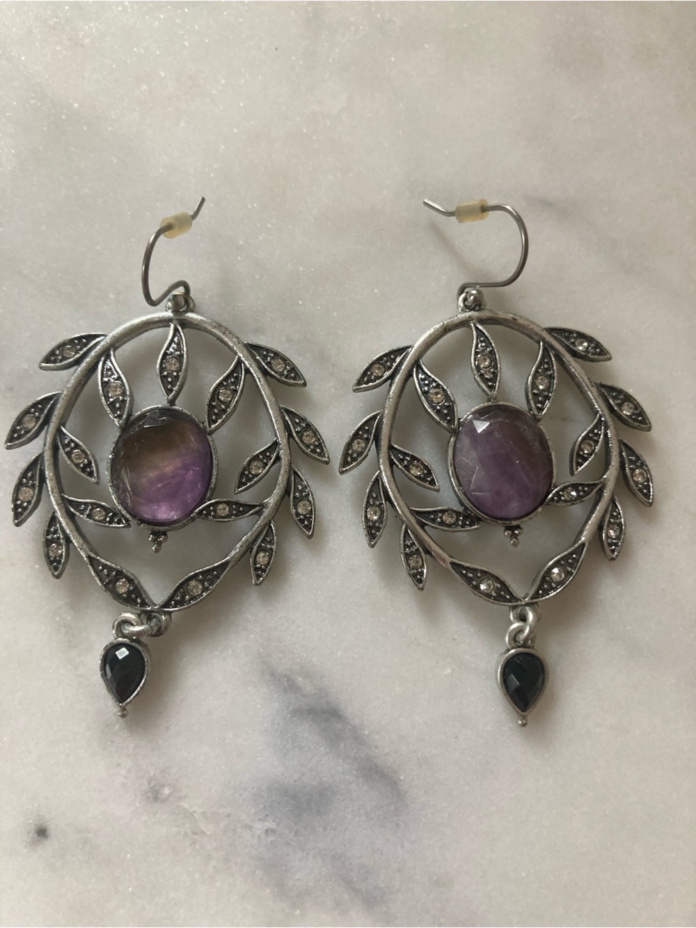 Silver-Tone Amethyst-Colored Leaf Drop Earrings